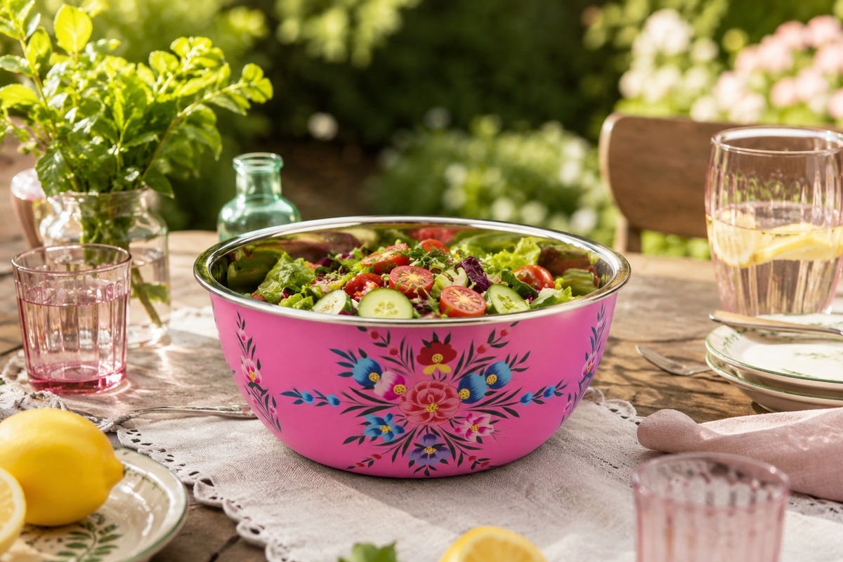 A raspberry-pink floral bowl filled with salad on an outdoor table with linen and glassware.