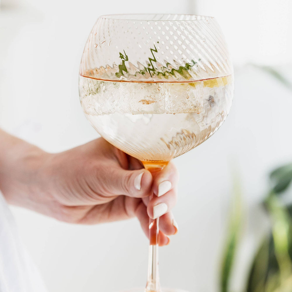 Hand holding a gin and tonic with ice and herbs against a light background