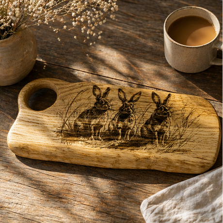 Hand made charcuterie board with rabbit design on a table setting with food.