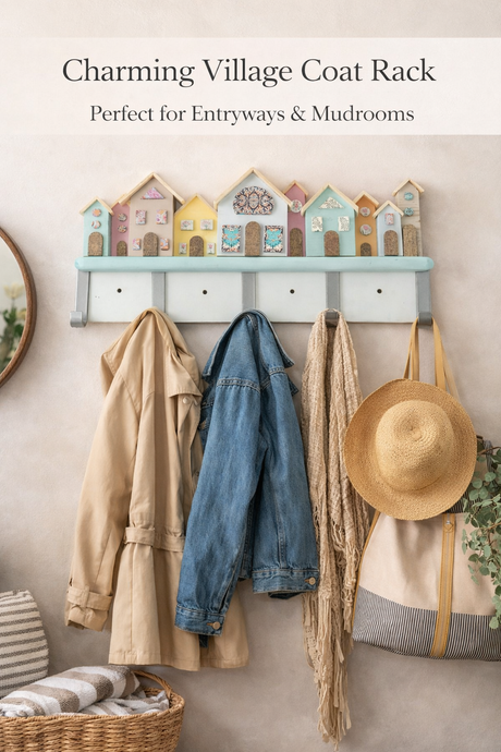 Decorative coat rack with colorful houses above hooks, holding coats and a hat, on a neutral wall.