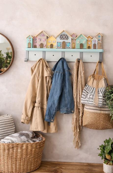 Wall-mounted coat rack with colorful houses holding coats and a bag, against a light wall.