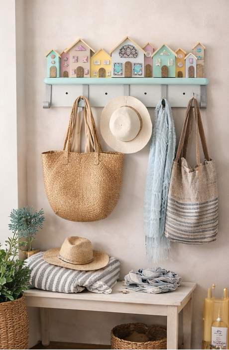 Wall-mounted coat rack with colorful house-shaped hooks, bags, and hats on a light wooden bench.