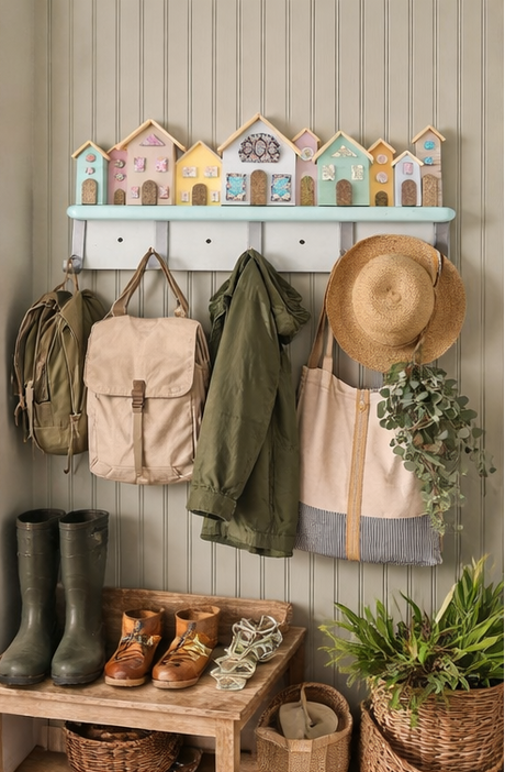 Wall-mounted coat rack with colorful house-shaped shelves, bags, shoes, and a plant on a wooden shelf.