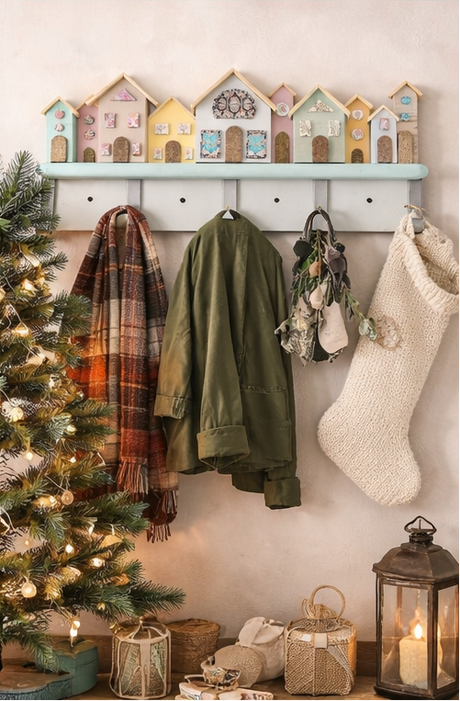 decorative coat rack with various items 