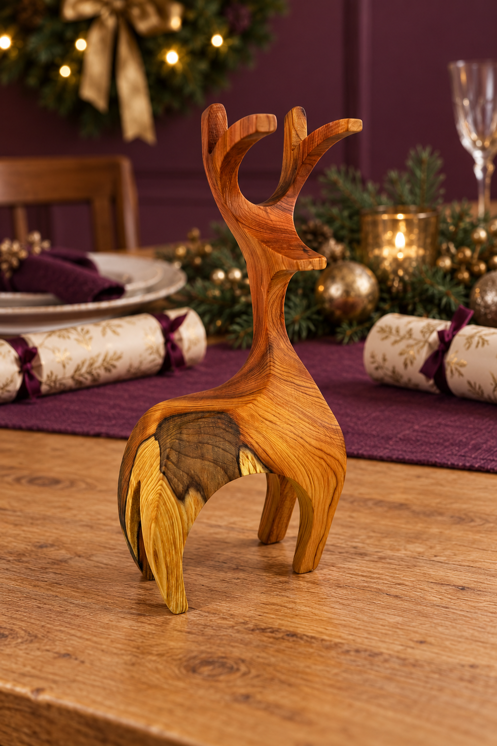 A handcrafted wooden stag figurine with natural grain and a dark inlay on its back, displayed on a wooden dining table with a purple runner and Christmas decorations in the background.