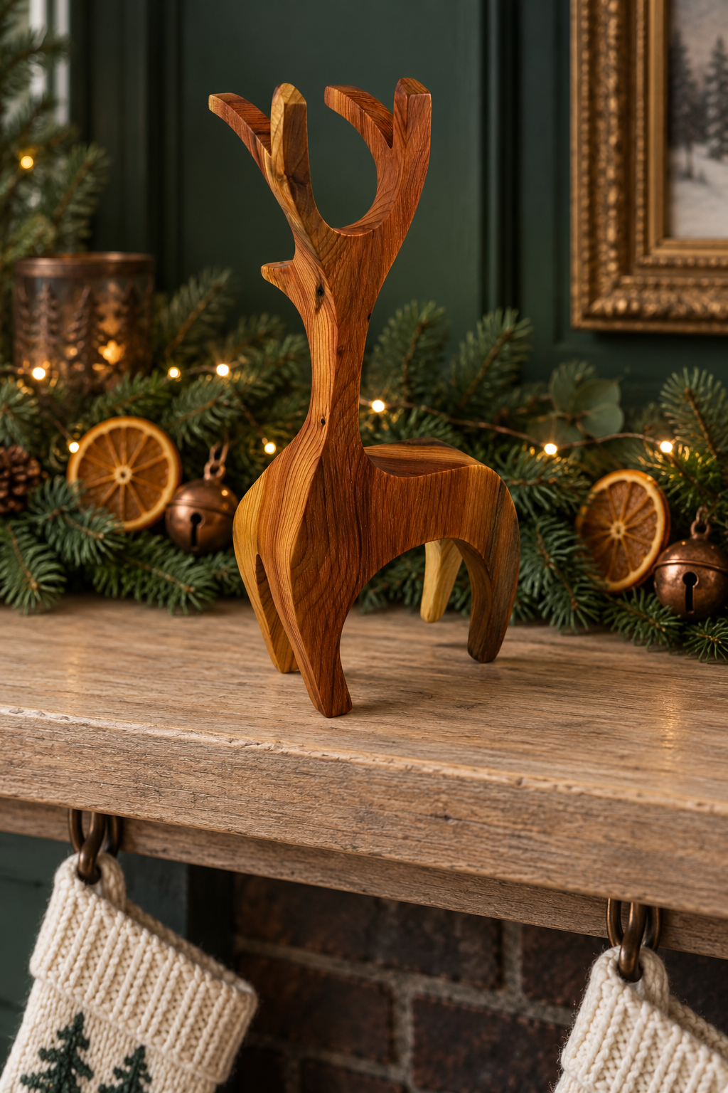 A carved wooden stag figurine with antlers stands on a rustic wooden mantel decorated with pine branches, fairy lights, dried orange slices, and stockings.