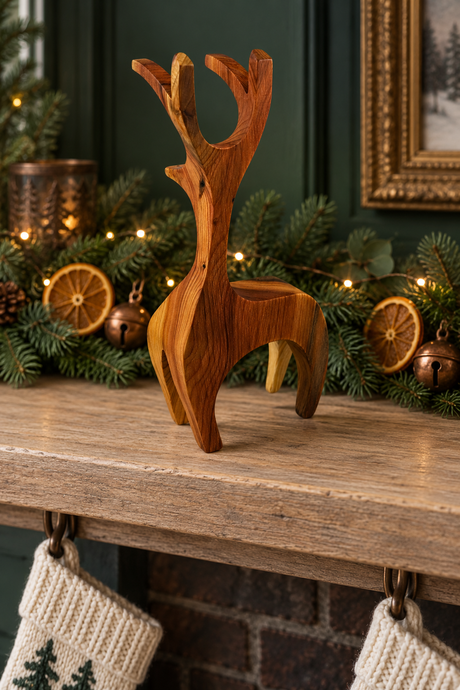 A carved wooden stag figurine with antlers stands on a rustic wooden mantel decorated with pine branches, fairy lights, dried orange slices, and stockings.