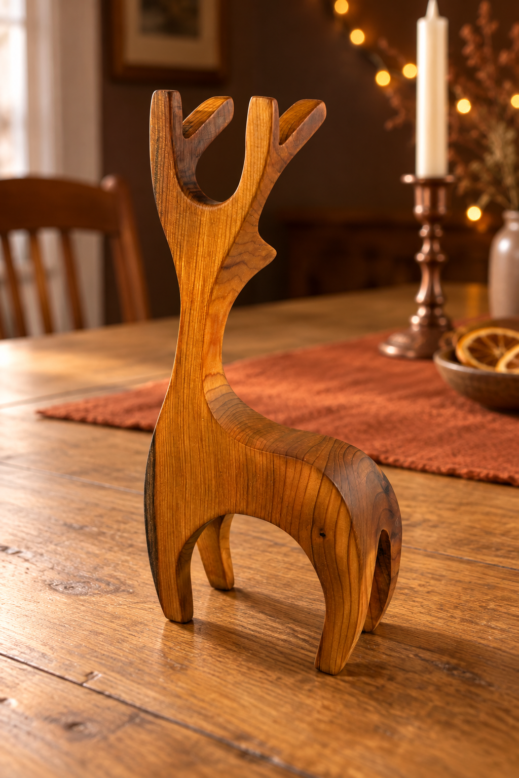 A sculptural wooden deer figurine with a warm honey-brown finish and visible wood grain, displayed on a rustic wooden dining table in a warmly lit room.