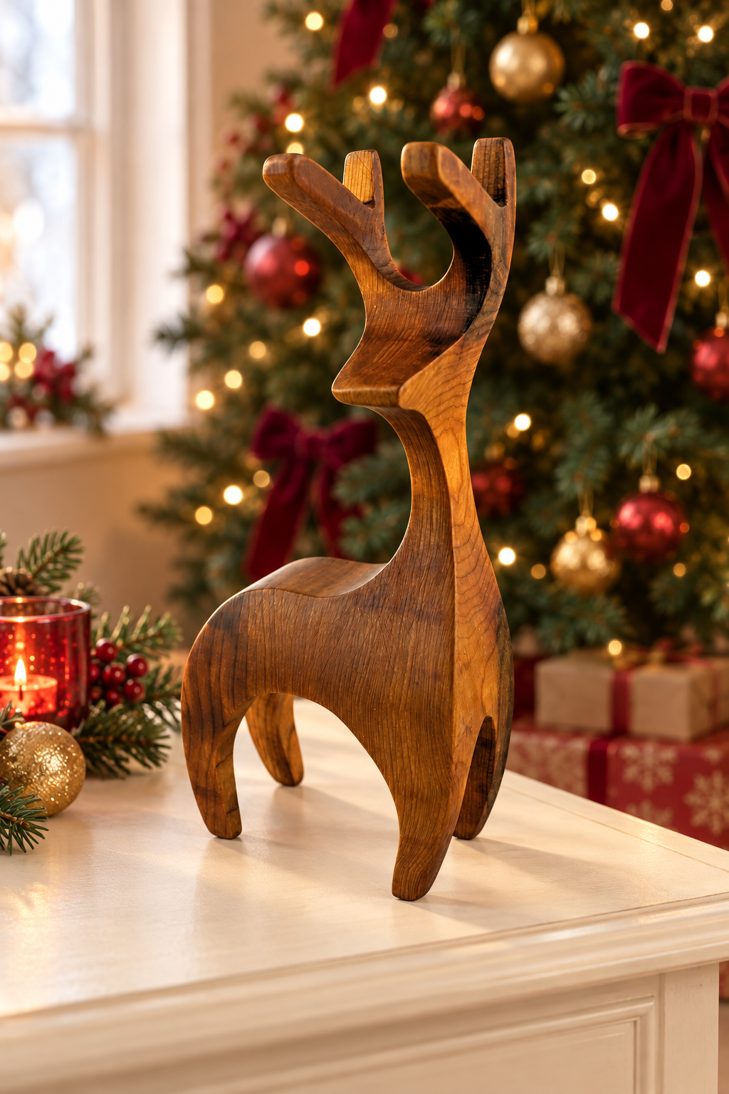 A carved wooden reindeer figurine with a warm medium-brown finish stands on a white mantel in front of a softly blurred Christmas tree with red bows and gold ornaments.