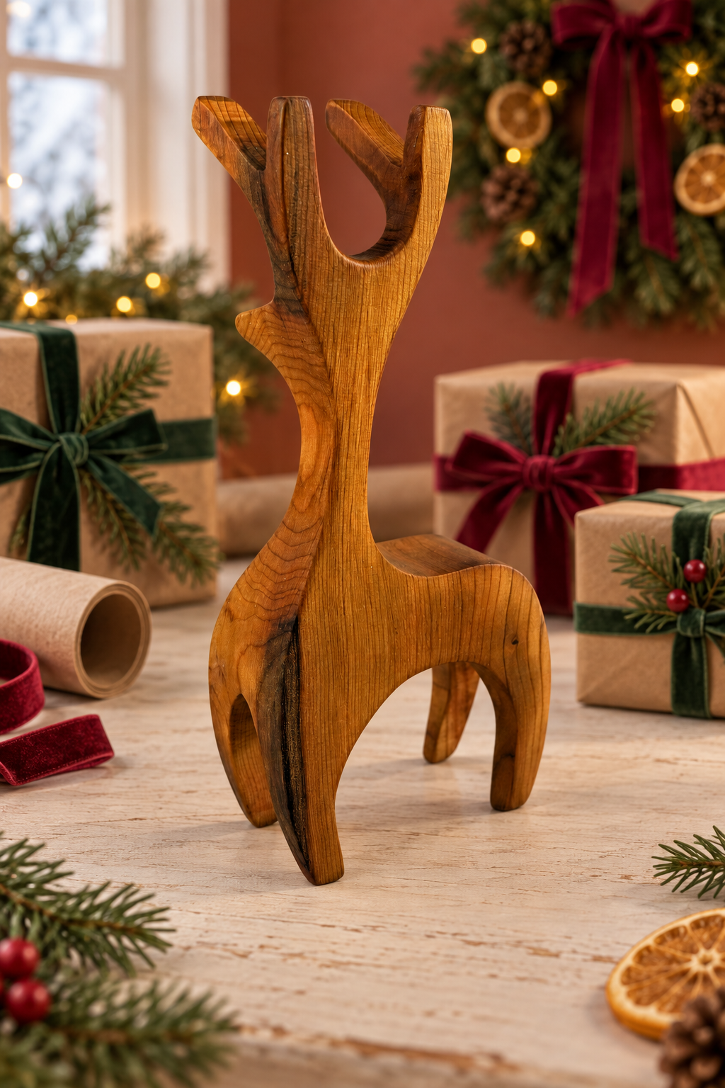 A wooden reindeer figurine with a natural warm brown finish stands on a rustic white wooden table surrounded by Christmas decorations, wrapped gift boxes, pine branches, and a wreath in the background.