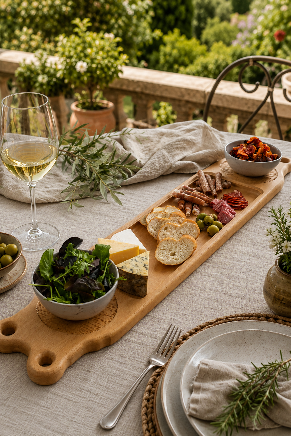 Handcrafted ash table centrepiece with local stoneware pots