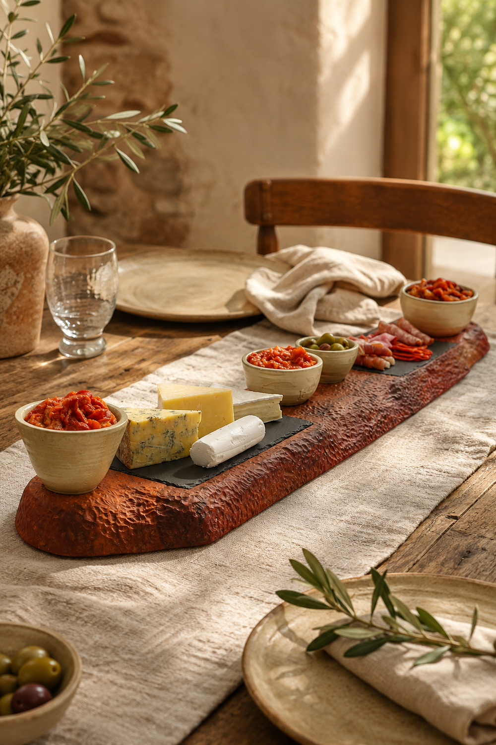 Handcrafted grand tasting platter with integrated bowls and slate insets