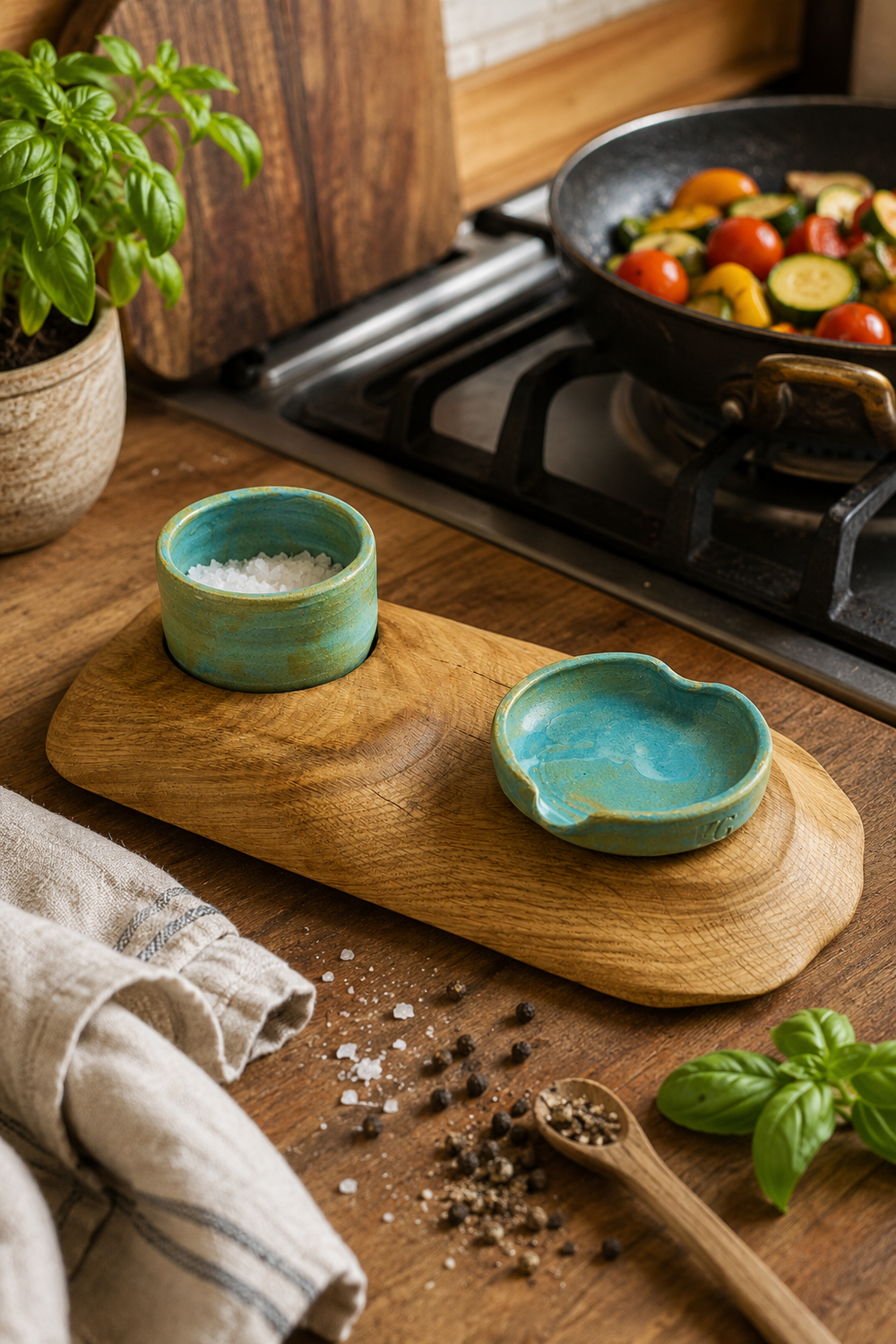 Handcrafted oak salt pot and spoon rest made in Derbyshire