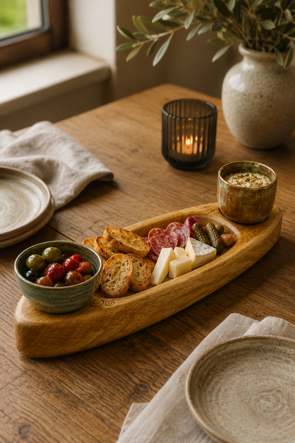 Handcrafted oak serving tray with stoneware pots made in Derbyshire