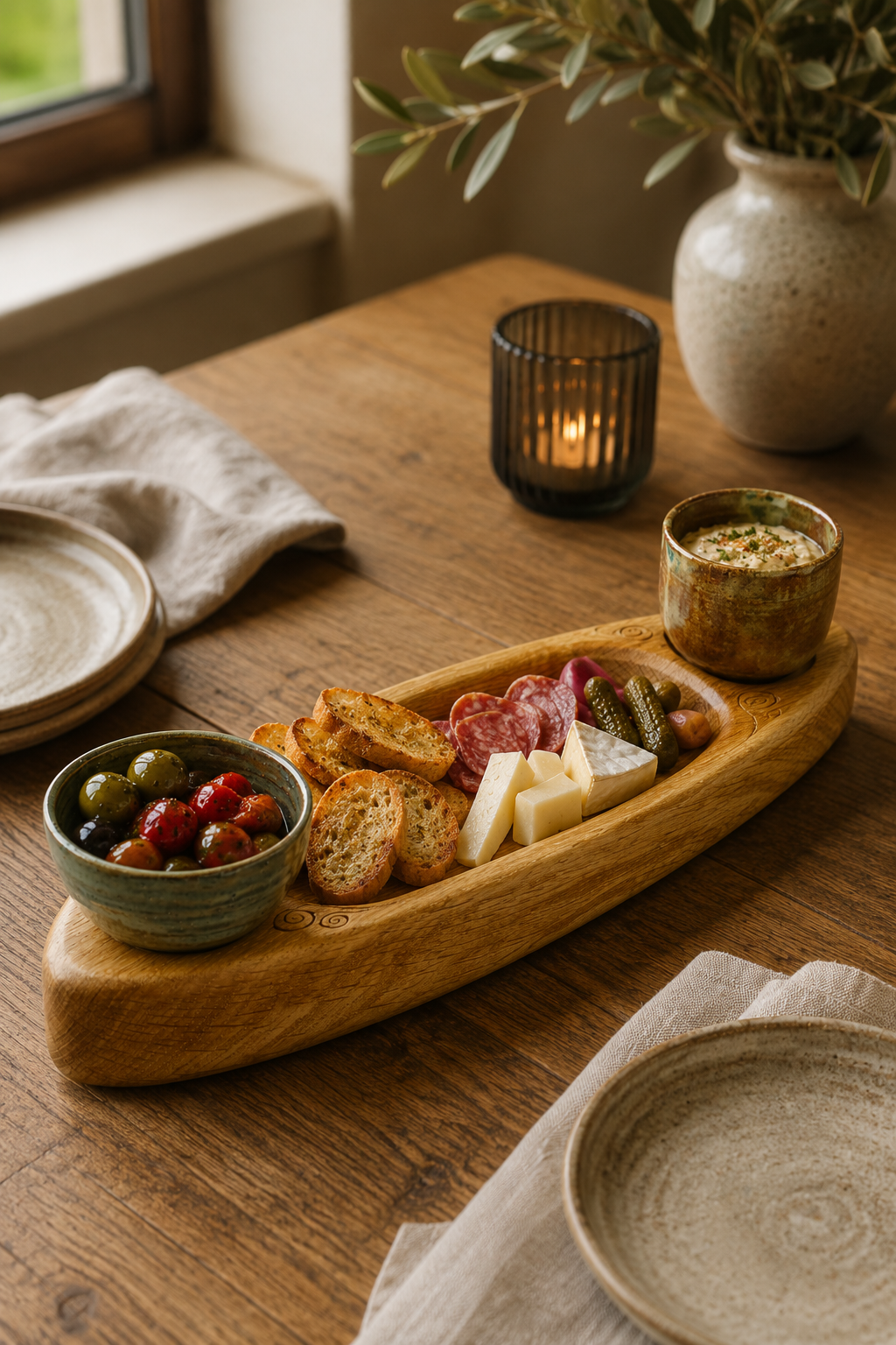 Handcrafted oak serving tray with stoneware pots made in Derbyshire
