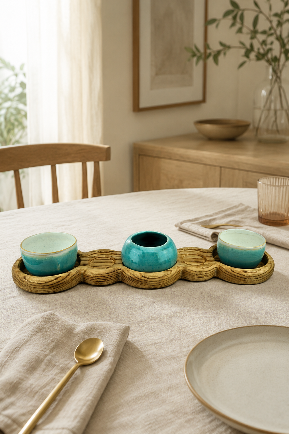 Handcrafted oak table centrepiece with stoneware bowls made in Derbyshire