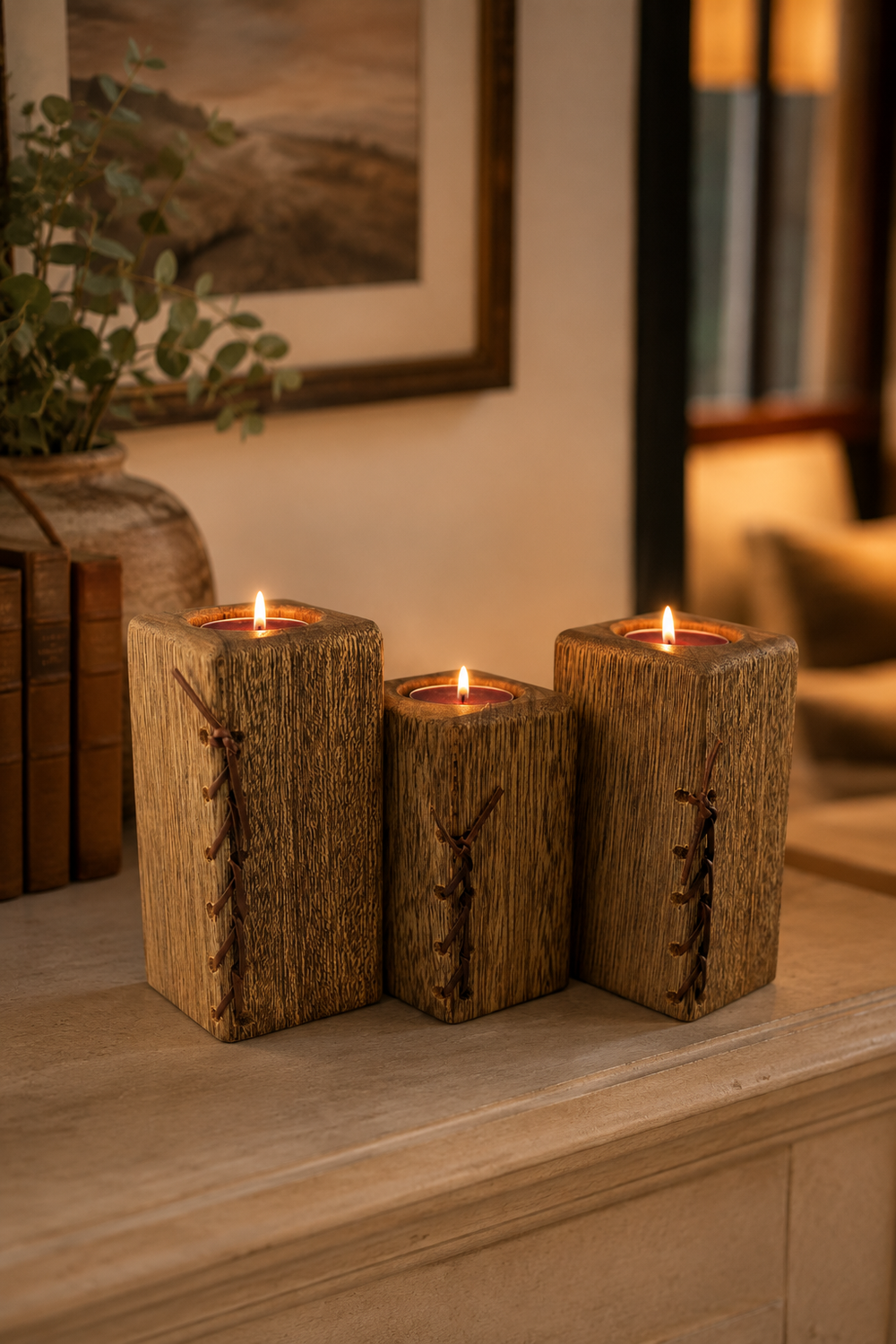 Handcrafted wooden tealight holders with leather edging detail