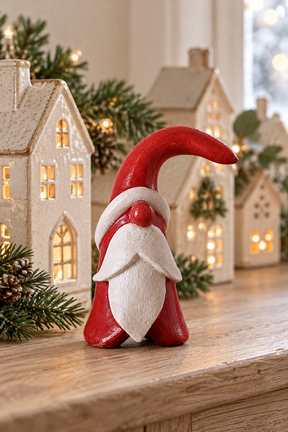 A small red and white Santa figurine stands on a wooden surface in front of decorative white house ornaments with warm lights and green pine branches.