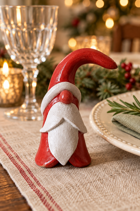 A small red and white Santa figurine standing on a beige table runner, with a blurred holiday table setting in the background including a glass, candle, plate, and greenery.