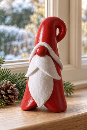 A small red and white Santa figurine standing on a wooden windowsill, with pine branches and a pinecone nearby and a snowy outdoor scene visible in the background.