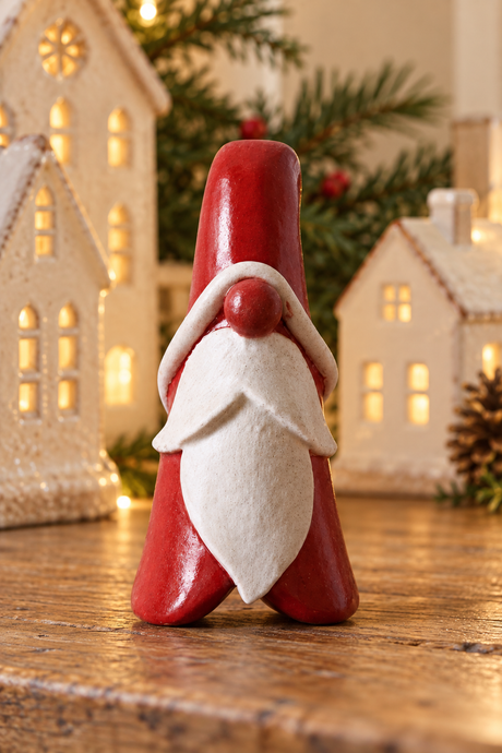 A small Christmas Santa figurine with a glossy red hat and coat, white beard, and red nose, standing on a wooden surface with miniature houses and a Christmas tree in the background.