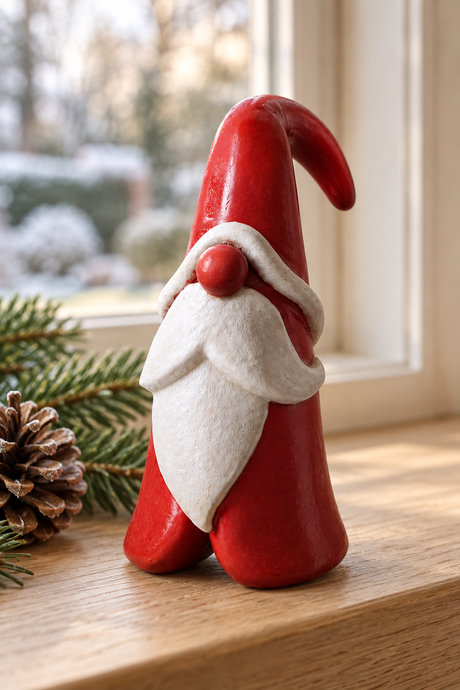 A small red and white Santa-style gnome figurine standing on a wooden windowsill, with pine branches and a pinecone beside it and a softly blurred outdoor window background.