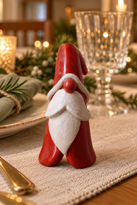 A small red and white Santa figurine standing on a beige table runner, surrounded by a softly lit holiday table setting with a glass, candle, napkin, and greenery in the background.