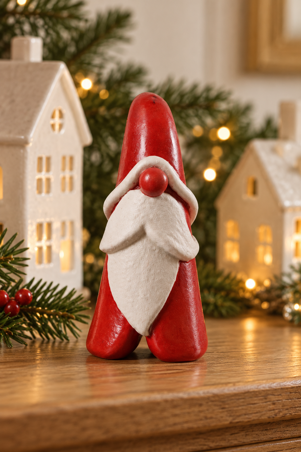 A small red and white Santa-style Santa figurine stands on a wooden surface, with decorative white house lanterns, evergreen branches, and warm string lights blurred in the background.