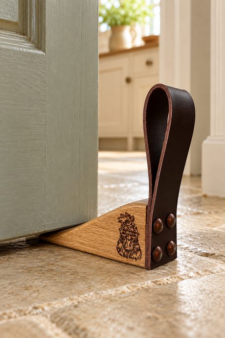 A wooden and leather door stopper resting on a stone floor in front of a light-colored door, with a kitchen visible in the background.