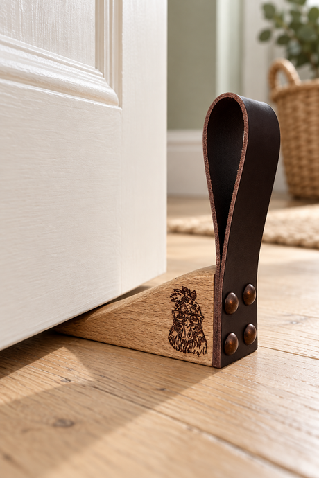 A wooden and leather door stopper resting on a light wood floor in front of a white door, with a small engraved lion logo and three metal rivets visible.