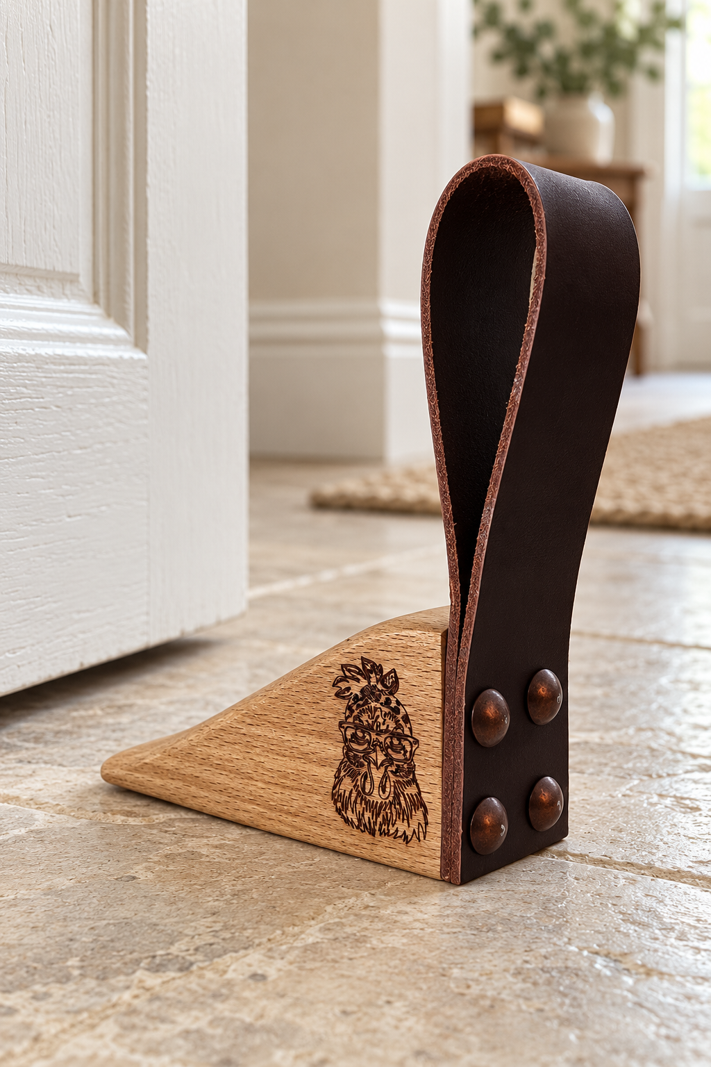 A wooden and leather door stopper placed on a stone floor in front of a white door. The stopper has a triangular wooden base with a dark brown leather loop attached, and a carved animal face design on the front.