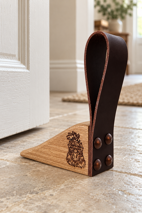 A wooden and leather door stopper placed on a stone floor in front of a white door. The stopper has a triangular wooden base with a dark brown leather loop attached, and a carved animal face design on the front.