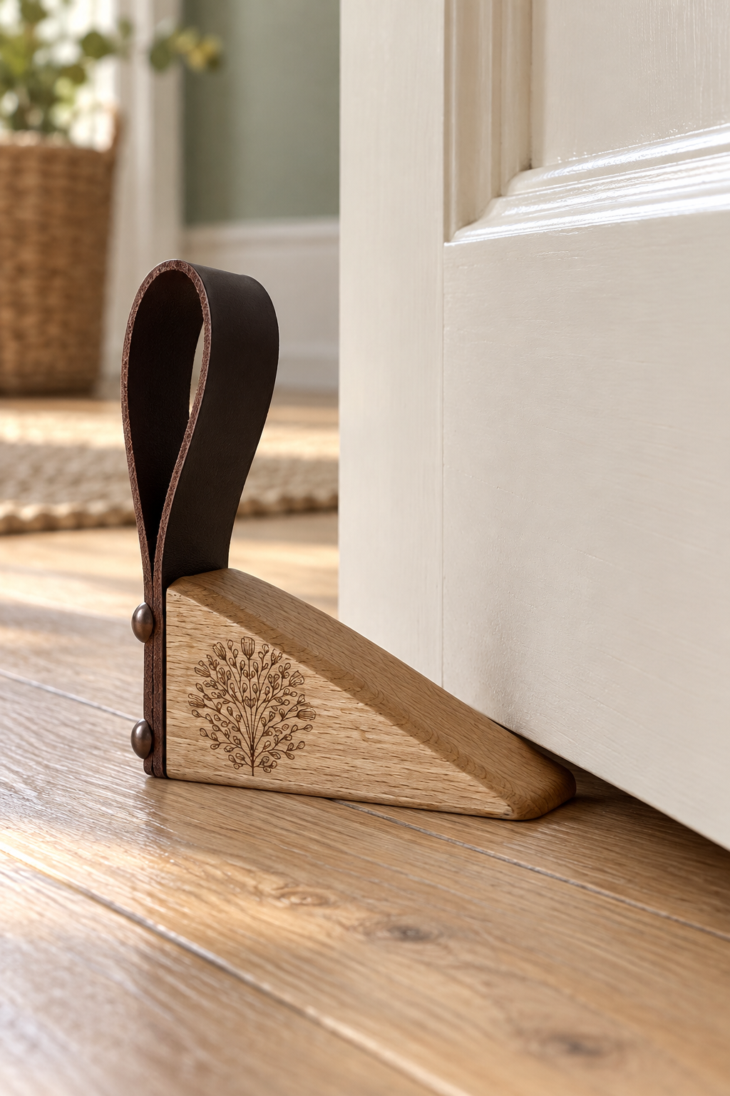 A wooden door stopper with a dark brown leather loop and a triangular wooden base featuring an engraved tree design, shown blocking a white door on a wooden floor.