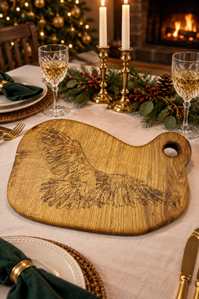 A rustic wooden serving board with an engraved eagle design, styled on a holiday dinner table with plates, wine glasses, candles, and a fireplace in the background.
