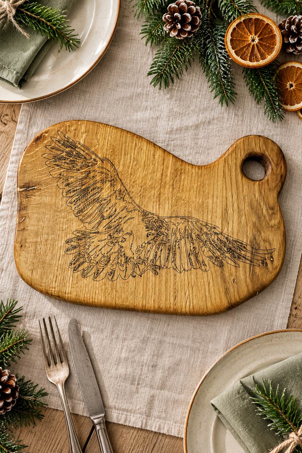 A rustic wooden cutting board with an engraved eagle design, styled on a linen table runner with holiday greenery, dried orange slices, and plates.