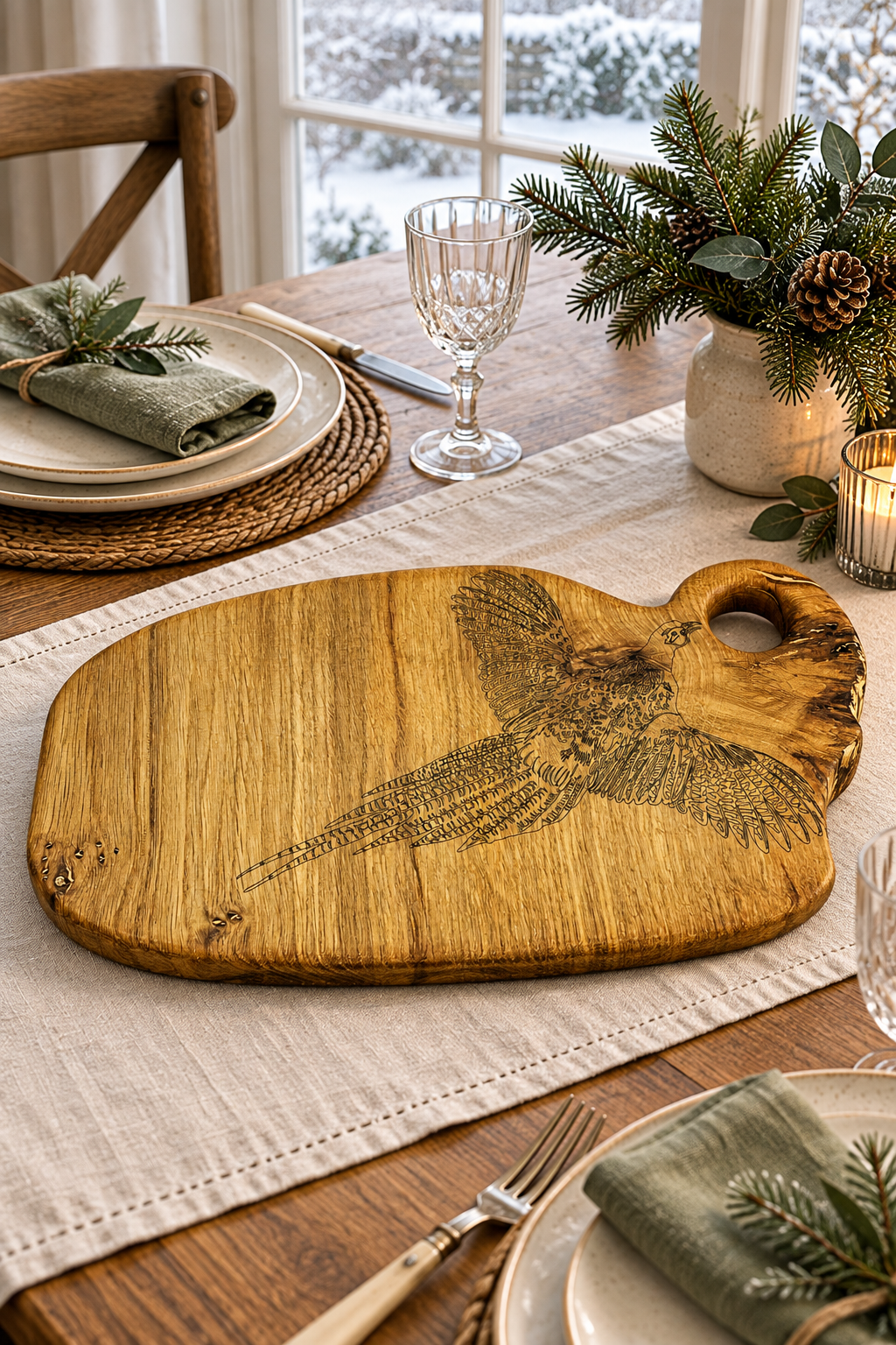 A rustic wooden serving board with a carved pheasant design, displayed on a styled holiday dining table with plates, a glass, candles, and evergreen decor.