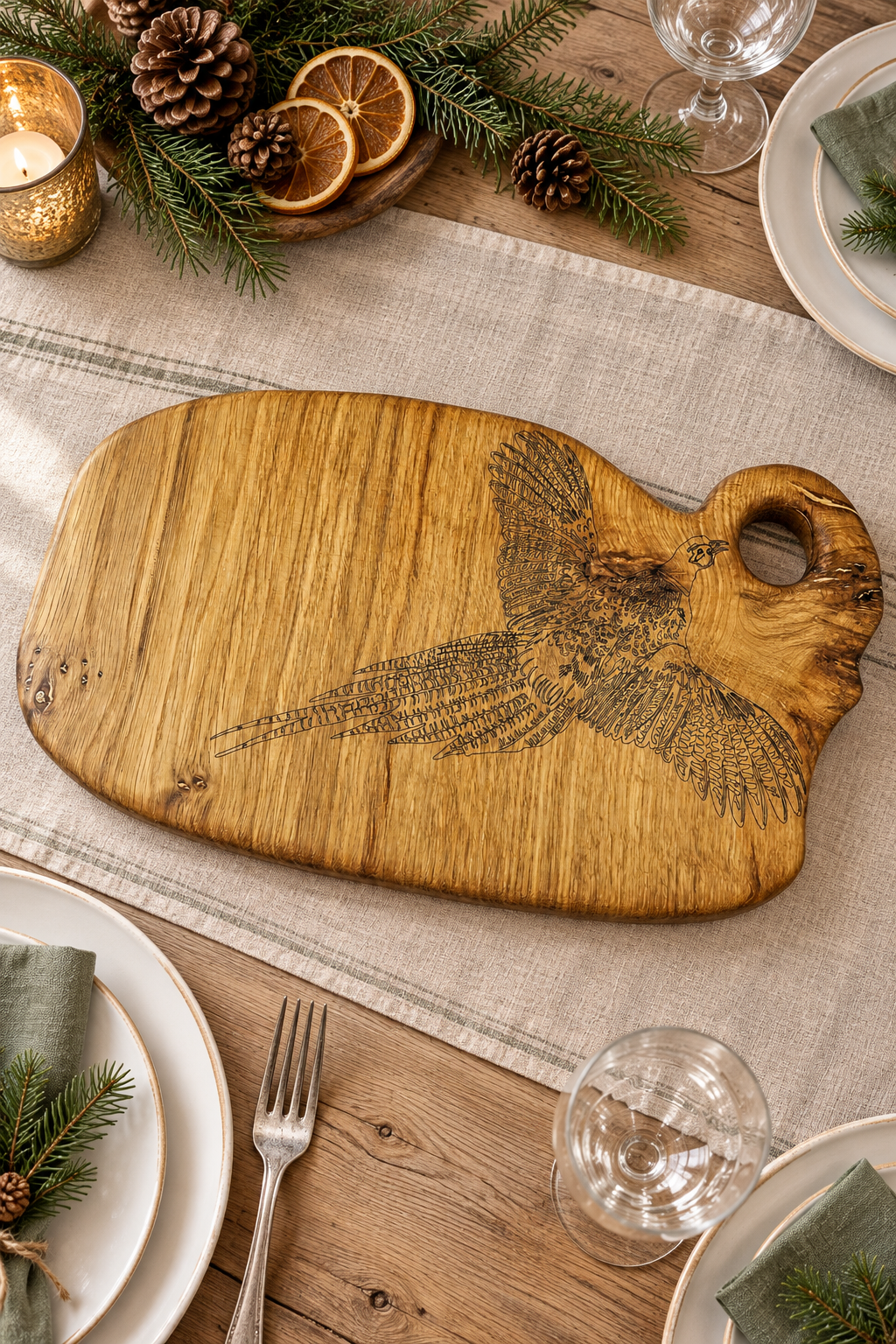 Wooden cutting board with engraved pheasant design and a tag on a white background