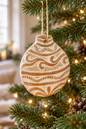 A decorative Terracotta Christmas ornament with a marbled brown & cream pattern hangs from a Christmas tree branch with warm string lights in the background.