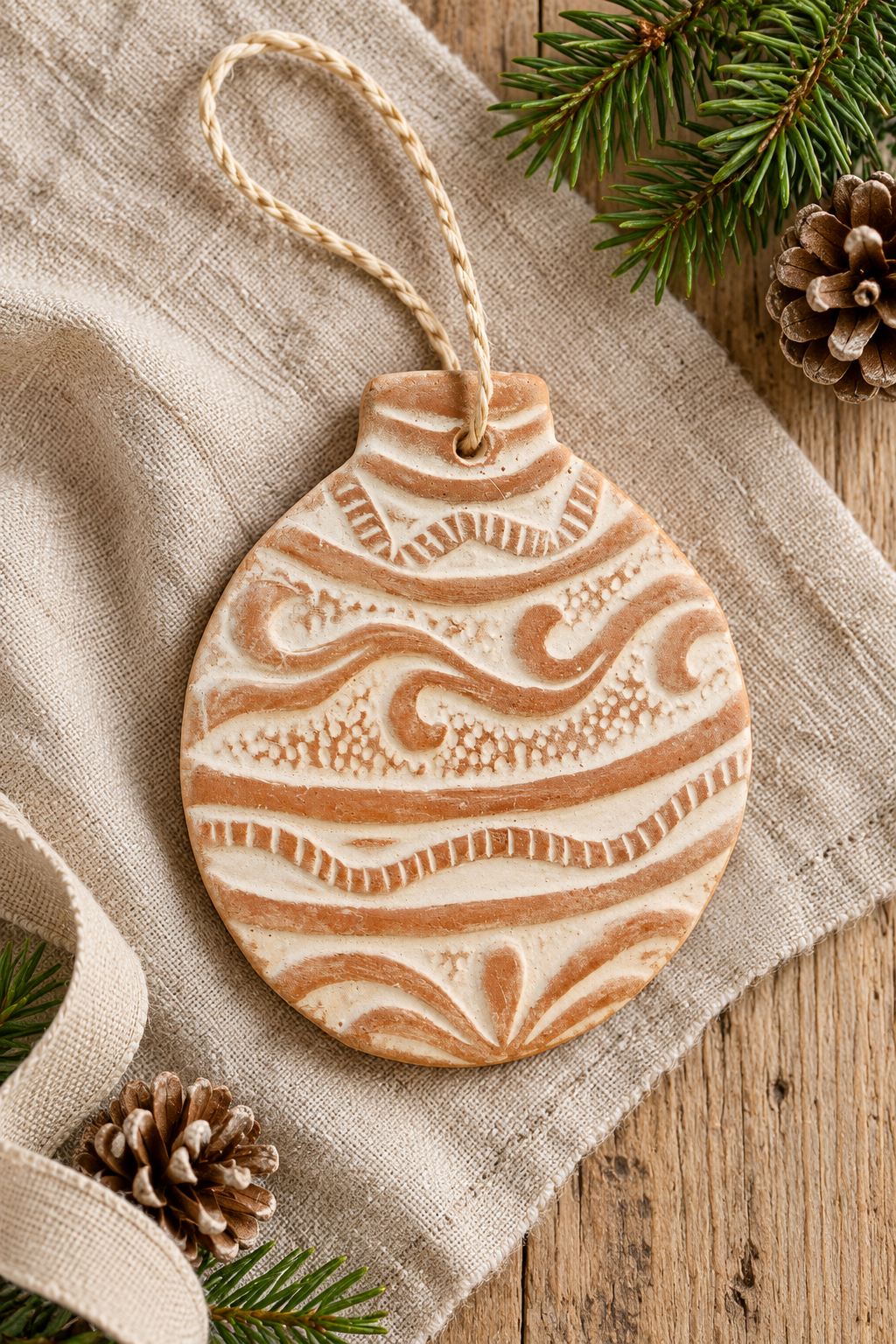 A round terracotta Christmas ornament with a natural jute hanging loop, decorated with carved wavy patterns in warm brown and cream. The ornament is styled on a beige linen cloth with pine branches, a pinecone, and a ribbon on a rustic wooden surface.