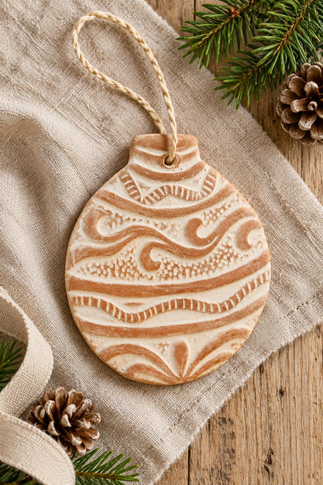 A round terracotta Christmas ornament with a natural jute hanging loop, decorated with carved wavy patterns in warm brown and cream. The ornament is styled on a beige linen cloth with pine branches, a pinecone, and a ribbon on a rustic wooden surface.