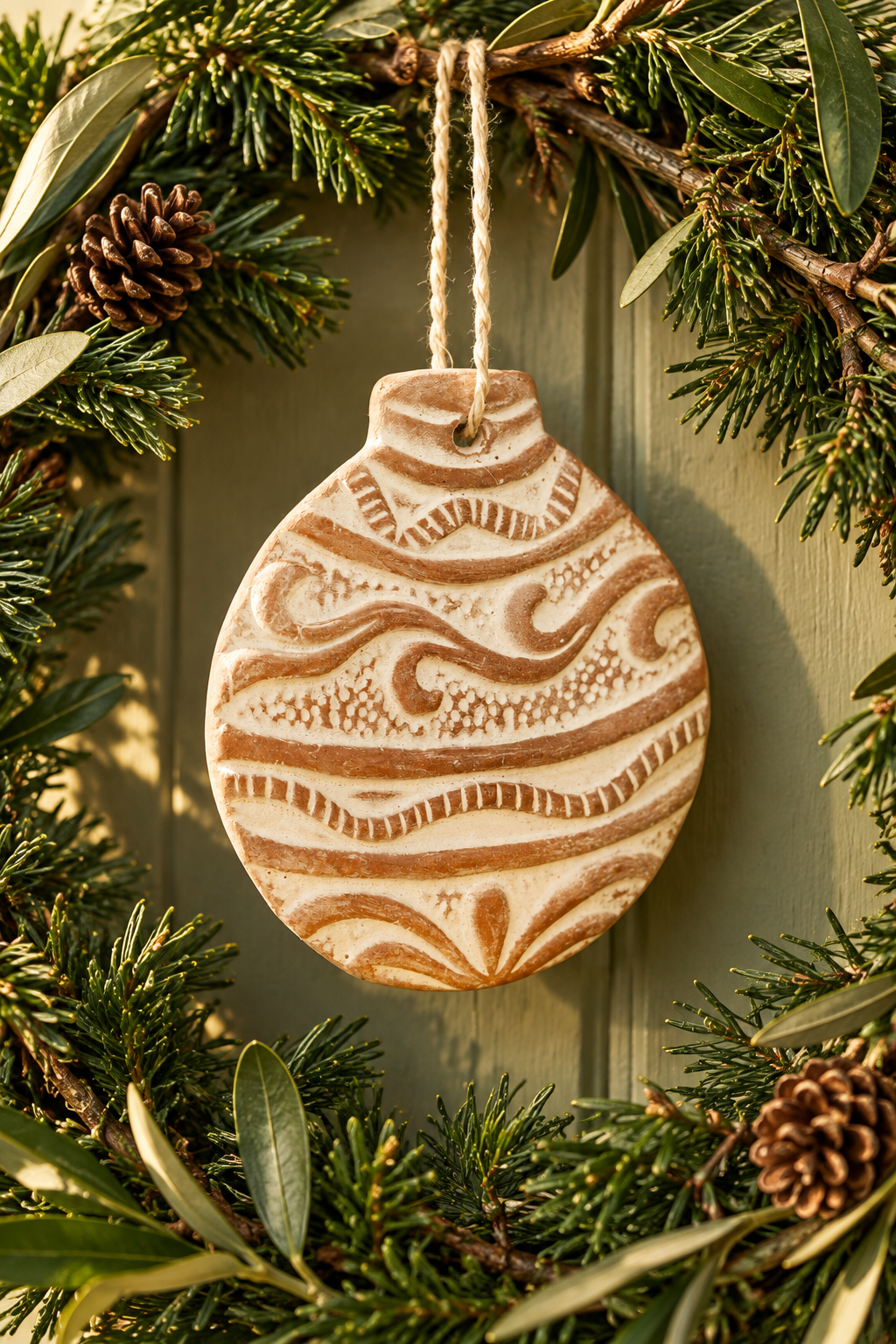 A round, hand-painted terracotta ornament with a natural clay finish and embossed wave patterns, hanging from a rustic wreath made of pine branches and pinecones.