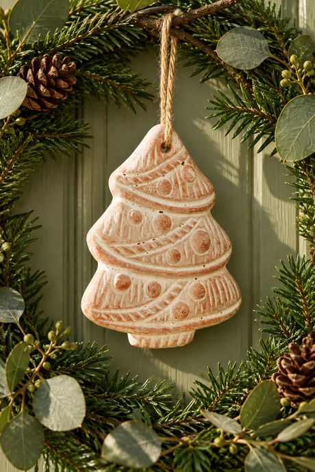 A handcrafted terracotta Christmas tree ornament in a warm terracotta pink colour, hanging from a natural jute string. The ornament features embossed patterns of stripes, circles, and dots.
