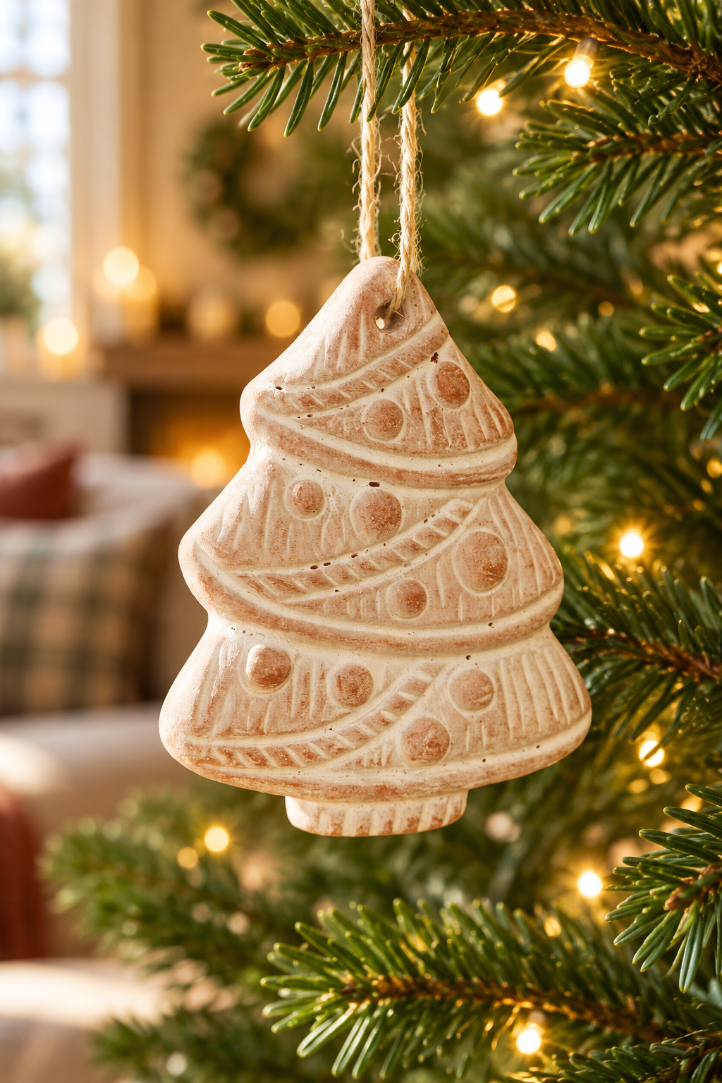 A terracotta Christmas tree ornament with carved patterns hangs from a green pine tree branch with warm string lights in the background.