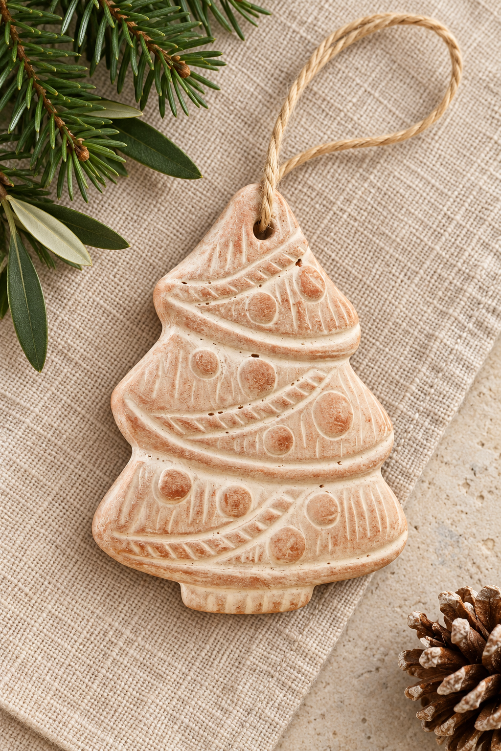 A terracotta Christmas tree ornament in a natural beige stoneware finish with embossed holiday patterns and a hanging twine loop, styled on a textured linen surface with pine branches and a pinecone.
