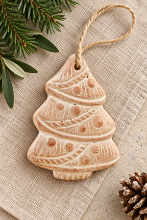 A terracotta Christmas tree ornament in a natural beige stoneware finish with embossed holiday patterns and a hanging twine loop, styled on a textured linen surface with pine branches and a pinecone.