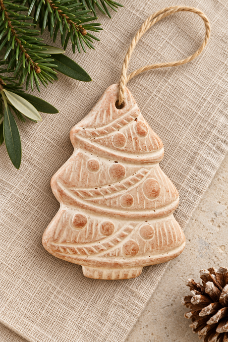 A terracotta Christmas tree ornament in a natural beige stoneware finish with embossed holiday patterns and a hanging twine loop, styled on a textured linen surface with pine branches and a pinecone.