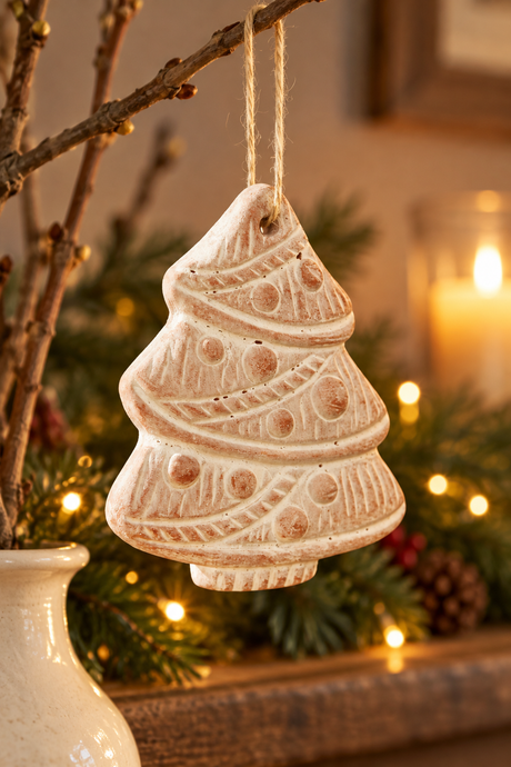 Handmade terracotta Christmas ornament with a textured tree design and jute hanging string