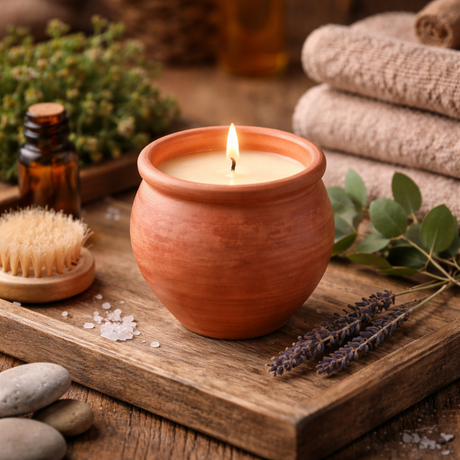 Candle in a terracotta pot on a wooden board with lavender, salt, and essential oils.