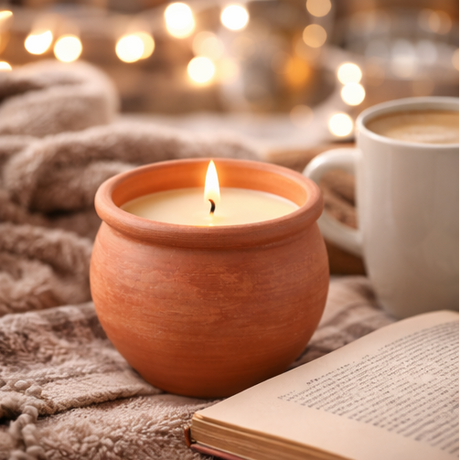 terracotta candle in cozy atmosphere with book and cupper

