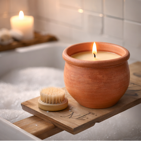 terracotta candle in bathroom on wooden board
